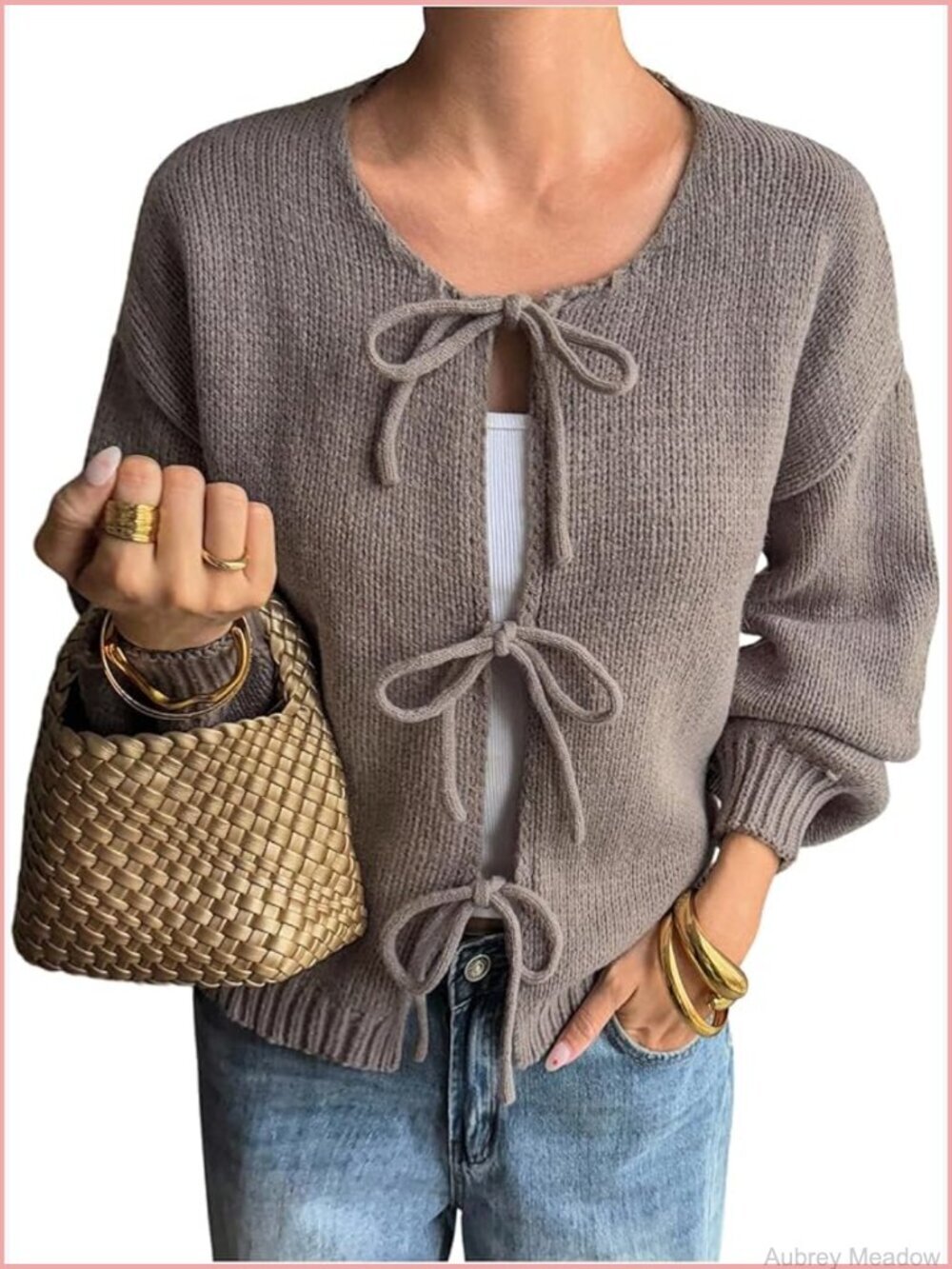 V Neck Tie Front Knotted Cardigan Long Sleeve Loose Sweater
